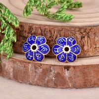 Brass Bead Cap, with Cloisonne, Flower, gold color plated, blue, 10mm Approx 1.6mm 