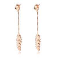 Acier titane Boucle d'oreille goutte, forme de plume, Plaqué de couleur d'or rose, Écrou d’oreille en acier inoxydable & Résistant à la corrosion & Style coréen & pour femme, couleur or rose Vendu par paire