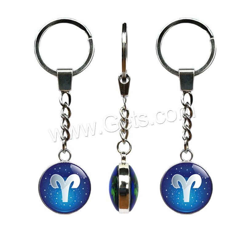 Mode-Zeit-Edelstein Keychain, Glas, mit Zinklegierung, 12 Zeichen des Sternzeichens, Epoxidharzklebstoff, Zeit Edelstein Schmuck & unisex & verschiedene Größen vorhanden & verschiedene Stile für Wahl, 30mm, Länge:ca. 3.9 ZollInch, verkauft von PC