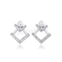 Brass Split Earring, with Plastic Pearl, platinum plated, micro pave cubic zirconia & for woman 