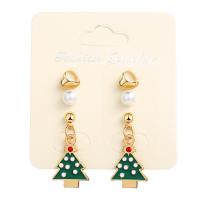 aleación de zinc Pendientes con Colgantes, con Perlas plásticas, Árbol de Navidad, chapado en color dorado, Diseño de Navidad & tres piezas & unisexo & esmalte, aproximado 3parespareja/Set, Vendido por Set