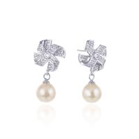 Cubic Zirconia Micro Pave Sterling Silver Earring, 925 Sterling Silver, with Shell Pearl, platinum plated, with plastic earnut & micro pave cubic zirconia & for woman 