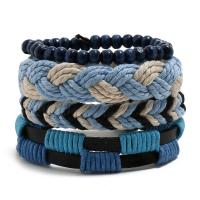 Cáñamo Pulsera, con cuero de imitación & Cordón de algodón encerado & madera, 4 piezas & Ajustable & unisexo, azul, 180mm, 4Strandsfilamento/Set, Vendido por Set