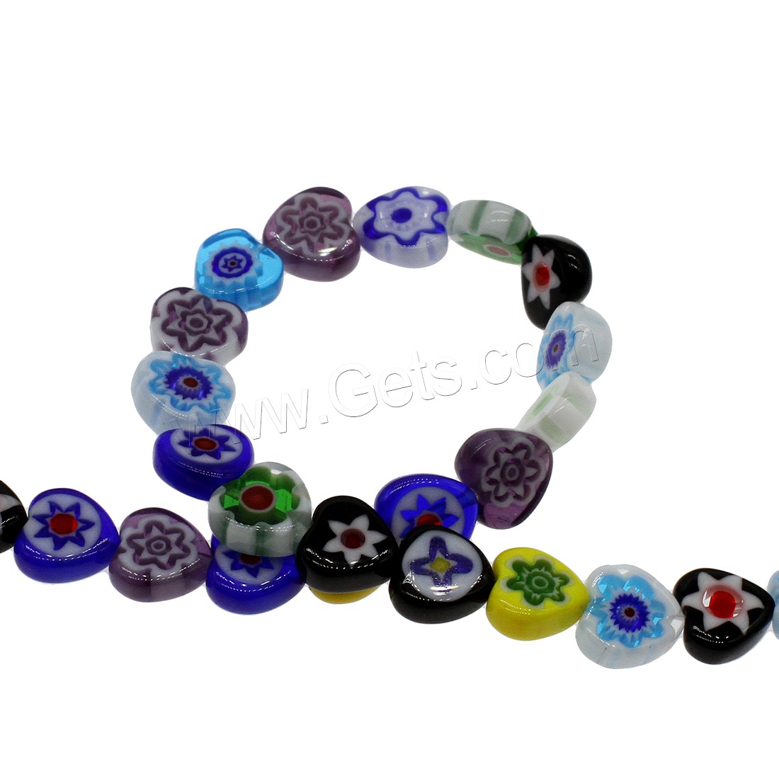 Millefiori Lampwork Perle, flacher Herz, gemischtes Muster & verschiedene Größen vorhanden, Bohrung:ca. 0.5mm, verkauft von Strang