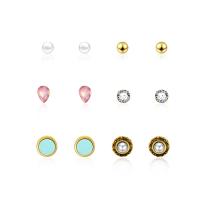 Zinc Alloy Rhinestone Stud Earring, with Resin, stainless steel post pin, gold color plated, 6 pieces & for woman & with rhinestone 