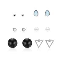 Zinc Alloy Rhinestone Stud Earring, with ABS Plastic Pearl & Resin, stainless steel post pin, platinum color plated, 6 pieces & for woman & with rhinestone & blacken 