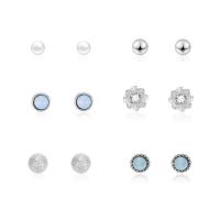 Zinc Alloy Rhinestone Stud Earring, with ABS Plastic Pearl & Resin, stainless steel post pin, platinum color plated, 6 pieces & for woman & with rhinestone & blacken 