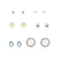 Zinc Alloy Rhinestone Stud Earring, with ABS Plastic Pearl & Resin, stainless steel post pin, platinum color plated, 6 pieces & for woman & with rhinestone & blacken 