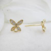 Brass Earring Stud Component, Butterfly, gold color plated, with loop & micro pave cubic zirconia 0c13mm, 0.8mm Approx 1.3mm 