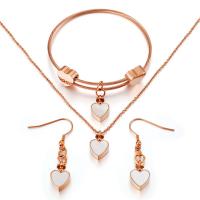 Fashion Stainless Steel Jewelry Sets, bracelet & earring & necklace, with Shell, Heart, plated, three pieces & oval chain & for woman 10*10mm,30mm Approx 17.5 Inch, Approx 7.4 Inch 