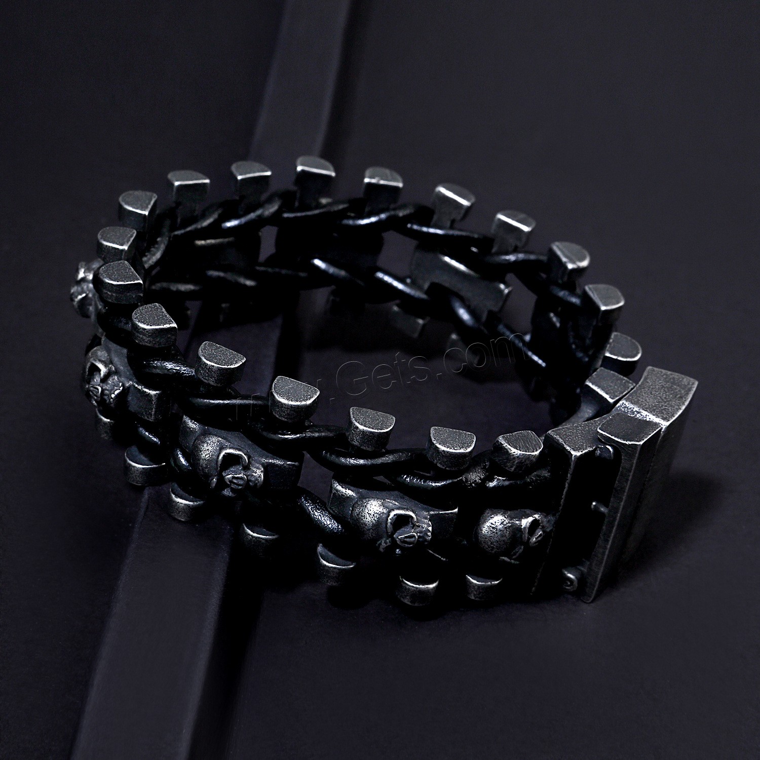 Titanium Steel Bracelet, with Faux Leather, vacuum plating black​, different size for choice & for man & hollow, Length:Approx 8.7 Inch, Sold By PC