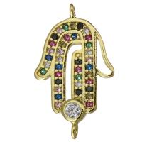 Befestiger Zirkonia Messing Schmuckverbinder, Hamsa, goldfarben plattiert, Modeschmuck & Micro pave Zirkonia & 1/1-Schleife, 12.5x21x2mm, Bohrung:ca. 1mm, verkauft von PC