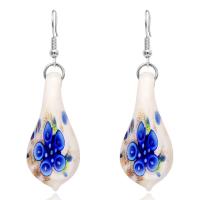 Lampwork Drop Earring, with Brass, Teardrop, for woman & gold powder & inner flower, 33*15mm 