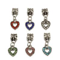 Colgantes de Europeo de aleación de cinc, aleación de zinc, Corazón, chapado en color de plata antigua, con diamantes de imitación, más colores para la opción, 9.5x25x2mm, agujero:aproximado 4.7mm, 30PCs/Bolsa, Vendido por Bolsa