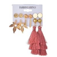 alliage de zinc Boucles d'oreilles, Boucle d’oreille stud & boucle d'oreille, avec Fil de coton & perle de plastique, Placage de couleur d'or, trois pièces & pour femme, 12mm,32mm,85mm, Vendu par fixé