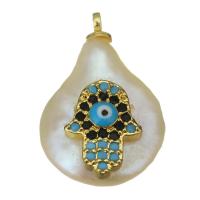 pendentif en laiton de perle d'eau douce cultivée, avec perle d'eau douce cultivée, Main de Fatma, Placage de couleur d'or, bijoux de mode & motif de mauvais œil & pavé de micro zircon Environ 1.5mm, Vendu par PC