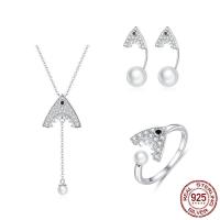 Zircon cubique Micro Pave Sterling Sliver parures de bijoux, Argent sterling 925, Boucle d’oreille stud & bague, anneau & collier, Plaqué de platine, trois pièces & chaîne ovale & pavé de micro zircon & pour femme 2mm  Environ 17.7 pouce, Vendu par fixé