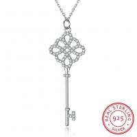 Zircon cubique Micro Pave collier en argent sterling, Argent sterling 925, clé, Plaqué de platine, chaîne ovale & pavé de micro zircon & pour femme & creux Environ 17.7 pouce, Vendu par brin