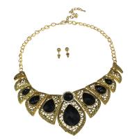 Rhinestone en alliage de zinc bijoux , Boucle d’oreille stud & collier, avec résine, avec 8cm chaînes de rallonge, Plaqué de couleur d'or antique, chaîne de torsion ovale & pour femme & avec strass, noire Environ 9.45 pouce, Vendu par fixé