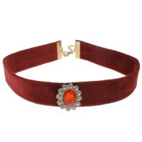 alliage de zinc Collier Tour de cou, avec velours de coton & verre, avec 7cm chaînes de rallonge, Placage de couleur d'or, pour femme & avec strass, rouge Environ 12.21 pouce, Vendu par brin