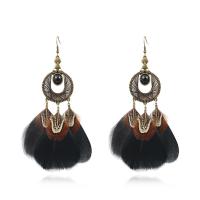 Mode boucle d'oreille plume, Rond, Plaqué de couleur de bronze antique, pour femme, noire Vendu par paire