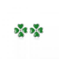 Cupronickel Stud Earring, Four Leaf Clover, silver color plated, fashion jewelry & for woman & enamel, green, 5*5mm 