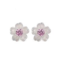 Cupronickel Stud Earring, Oriental Cherry, silver color plated, for woman & with rhinestone, 9*9mm 