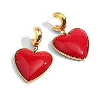 pendiente de gota colgando de latón, metal, Corazón, chapado en color dorado, Joyería & para mujer & esmalte, Rojo, 52*32mm, Vendido por Par