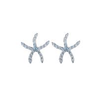 Cupronickel Stud Earring, Starfish, silver color plated, cute & fashion jewelry & for woman & with rhinestone, nickel, lead & cadmium free, 10.5*9.3mm 