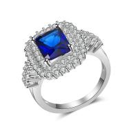 Anneau de cuivre de Zircon, laiton, Placage de couleur argentée, normes différentes pour le choix & pour femme & avec zircone cubique, bleu, Vendu par PC