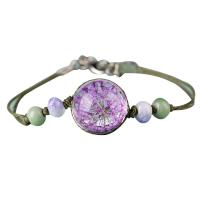 Porcelain Bracelets, with Dried Flower & Wax Cord & Lampwork & Zinc Alloy, platinum color plated, adjustable & for woman 