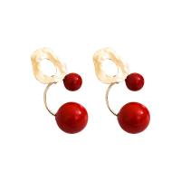 pendiente de gota colgando de latón, metal, con Perlas plásticas, chapado en color dorado, Joyería & para mujer & esmalte, Rojo, 35*24mm, Vendido por Par