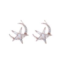 Rhinestone Brass Stud Earring, Moon and Star, plated, for woman & with rhinestone nickel, lead & cadmium free, 14*12mm 