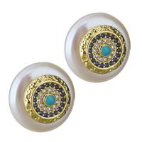 laiton boucle d oreille dormeuse, avec perle d'eau douce cultivée, Placage de couleur d'or, bijoux de mode & pavé de micro zircon & pour femme 0.75mm, Vendu par paire