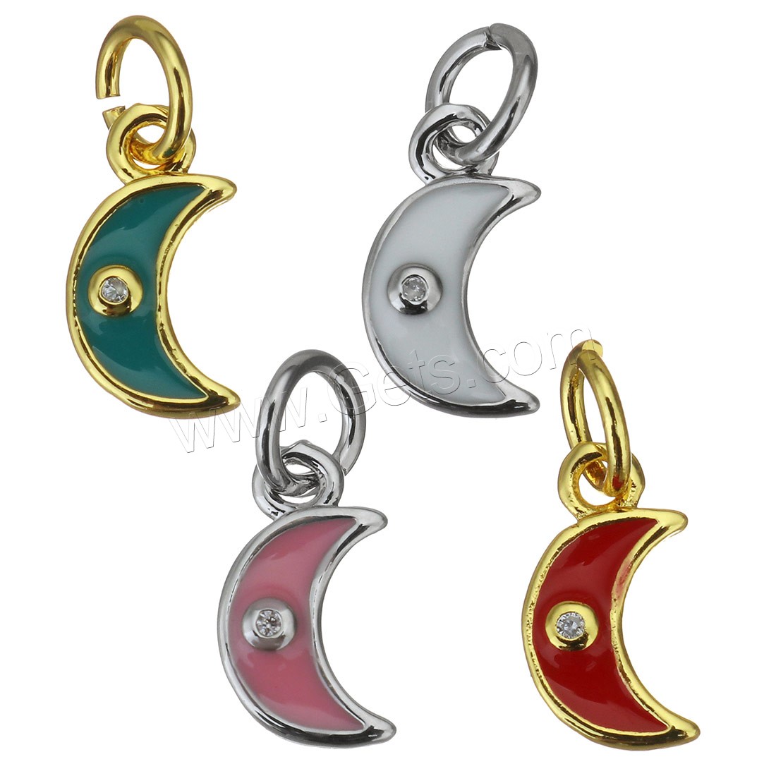 Cubic Zirconia Micro Pave Brass Pendant, Moon, plated, different styles for choice & micro pave cubic zirconia & enamel, more colors for choice, 6x11x2mm, Hole:Approx 3mm, Sold By PC