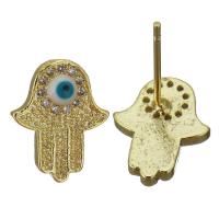 Messing Ohrstecker, Evil Eye Hamsa, goldfarben plattiert, Modeschmuck & Micro pave Zirkonia & für Frau, 10x12x15mm,0.5mm, verkauft von Paar