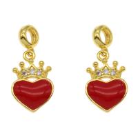 Colgantes de Aleación de Zinc en Forma de Corazón, metal, chapado en color dorado, esmalte & con circonia cúbica, Rojo, 23x11x3mm, agujero:aproximado 3mm, Vendido por UD