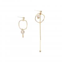 metal Pendientes asimétricos, con Perlas plásticas, plata esterlina aguja de pendiente, chapado en oro de 14 K, para mujer & hueco, 18x93mm, 18x46mm, Vendido por Par