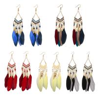 alliage de zinc boucle d'oreille en gland, avec Seedbead & plume, acier inoxydable puce boucle d'oreille, Placage de couleur d'or, pour femme, plus de couleurs à choisir, 40*130mm, Vendu par paire