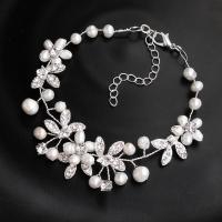 alliage de zinc bracelet, avec perle de plastique, avec 6.5cm chaînes de rallonge, fleur, Placage de couleur argentée, pour femme & avec strass, 210mm .4 pouce, Vendu par brin