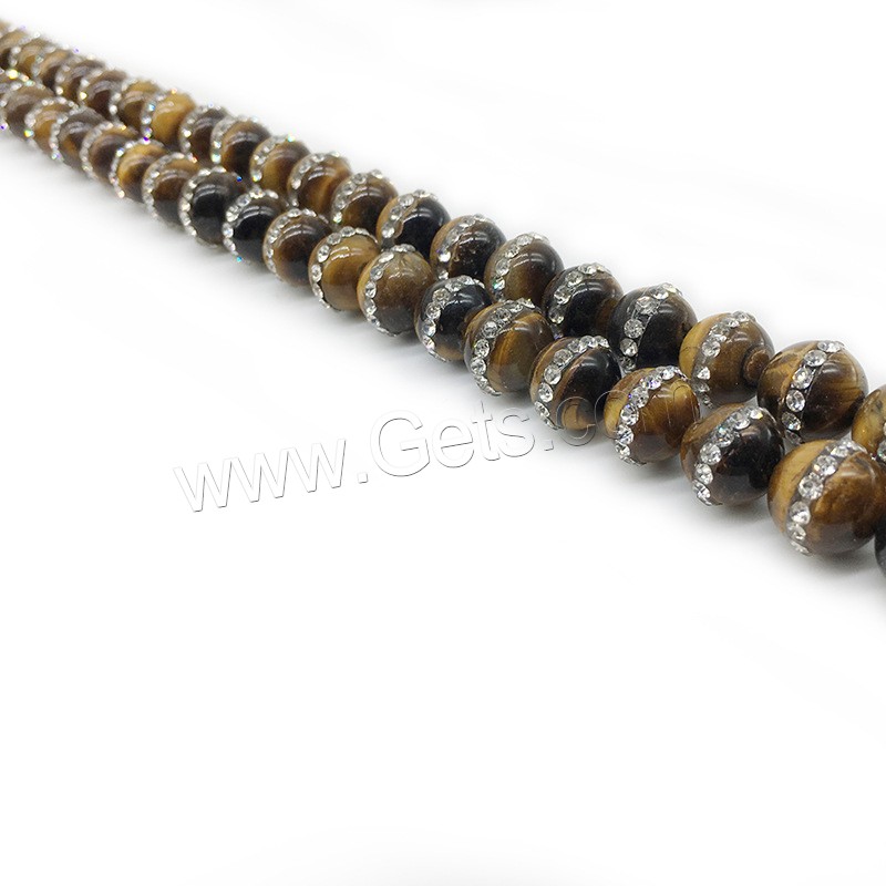 Tiger Eye Beads, Round, different size for choice & with rhinestone, yellow, Hole:Approx 1mm, Length:Approx 14.9 Inch, Sold By Strand