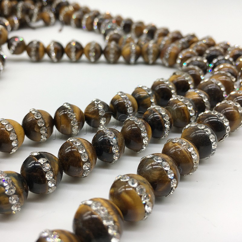 Tiger Eye Beads, Round, different size for choice & with rhinestone, yellow, Hole:Approx 1mm, Length:Approx 14.9 Inch, Sold By Strand