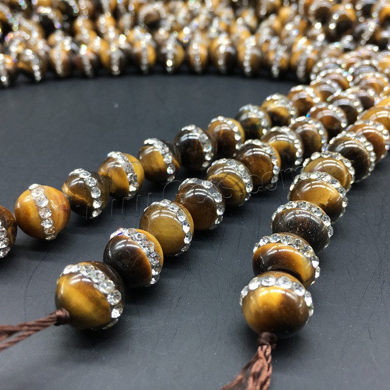 Tiger Eye Beads, Round, different size for choice & with rhinestone, yellow, Hole:Approx 1mm, Length:Approx 14.9 Inch, Sold By Strand