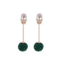 Zinc Alloy Drop Earring, with Plush, Skull, gold color plated, cute & fashion jewelry & for woman & with rhinestone 60*12mm 