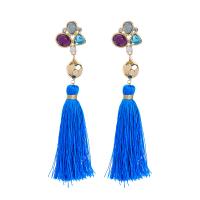 Zinc Alloy Tassel Earring, gold color plated, for woman & with rhinestone, blue, 110mm 