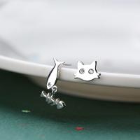 925 Sterling Silver Asymmetric Stud Earrings, Cat and Fish, platinum plated, cute & fashion jewelry & Korean style & for woman  