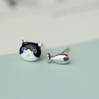 925 Sterling Silver Asymmetric Stud Earrings, Cat and Fish, silver color plated, Mini & cute & Korean style & for woman  