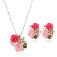 Rhinestone en alliage de zinc bijoux , boucle d'oreille & collier, fleur, Plaqué de couleur d'or rose, 2 pièces & pour femme & émail & avec strass, plus de couleurs à choisir, 28*22mm pouce, Vendu par fixé