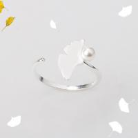 Plata de ley 925 Anillo de dedo Cuff, con Perlas plásticas, Hoja, chapado en color de plata, ajustable & para mujer, 16mm, 4mm, tamaño:5.5, Vendido por UD