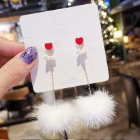 Zinc Alloy Drop Earring, with Plush & Plastic Pearl, Heart, gold color plated, with fluffy ball & Korean style & for woman 88mm 